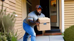 suspiciously looking Tyrone sneaking away holding very small box from apartment mailboxes