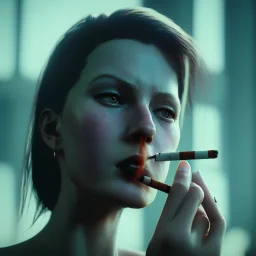 a moody close-up shot of an attractive woman casually smoking a cigarette in a cyberpunk city