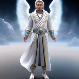 First image is of the main character. He’s to look like a powerful angel with white robe, symbols on hands glowing, His background should be that of space above with stars and standing on a paradise of a planet. His belt can transform into a white dragon.