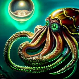 ultra detailed fullbody Drawing of a Cyborg octopuss on the shore ,metal body, open mouth, with sharp teeth, with glowing Green eyes, extremely detailed digital painting, intrincate, extremely detailed face,crystal clear Big eyes, in the style of Frank Frazetta, mystical colors , perfectly centered image, perfect composition, rim light, beautiful lighting, 8k, stunning scene, raytracing