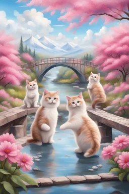 in the center: beautiful chunky cats dancing on a bridge , background: landscape, first plan: pink flowers and a small river with blue water, sky: white clouds with more cats sitting on them, season: winter