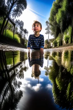 Reflection of boy in a puddle of water, low angle shot