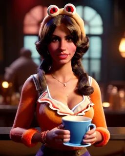 waitress woman with muppet mask that covers her entire head, retro style, Sesame Street style, smooth, unreal engine 5, god lights, ray tracing, RTX, lumen lighting, ultra detail, volumetric lighting, 3d.