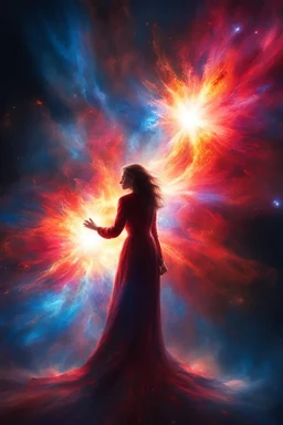 A spectacularly igniting supernova shines brightly amidst the darkness of space, captivatingly watched by an enigmatic man. The explosion of colors and light creates a mesmerizing display in the image, which is most likely a breathtaking digital artwork. The vivid explosion painted in vivid shades of crimson, gold, and electric blue, beautifully contrasts against the woman's shadowed figure, adding a sense of mystery and wonder to the scene. The clarity and detail in this visually stunning com