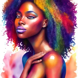 Portrait of beautiful black woman, watercolor , bright colors, long curly hair