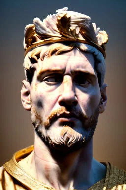 Realistic image, Roman sculpture made in white marble with gold veins, Lionel messi with gold laurel leaves crown, waist up portrait,marble material, gold ornaments, Renaissance style, sun rays background, epic, celestial, cinematic lighting, God lights, 4k resolution, smooth details, soft lighting, unreal engine 5, art station, substance 3d.