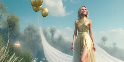 subtle queen, atmospheric, realistic, unreal engine, cinematic lighting, octane render, transparent long dress, blonde, full body, bright wings, smile, long hair