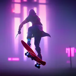 photo of a ninja riding a skateboard; in an alternate universe in tokyo; cyberpunk; realistic; rain; neon signs