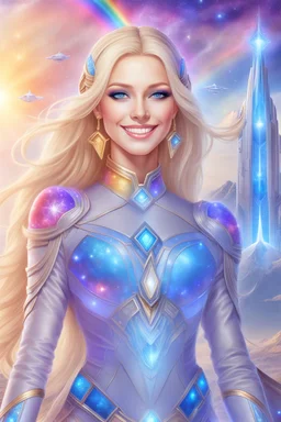 cosmic woman smile,beautiufos rainbow, admiral from the future, galactic confédération, fine whole face, crystalline skin, expressive blue eyes,rainbow, smiling lips, very nice smile, costume pleiadian, Beautiful tall woman pleiadian Galactic commander, ship, perfect datailed golden galactic suit, high rank, long blond hair, hand whit five perfect detailed finger, amazing big blue eyes, smilling mouth, high drfinition lips, cosmic happiness, bright colors, blue, pink, gold, jewels, realist,