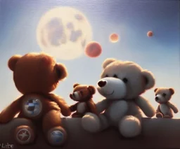 little boy and big teddy bears on moon. drifting in old bmw. oil on canvas