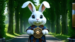 High-end hyperrealism epic cute fluffy white rabbit hero holding a steampunk logo that says “love you Ellis!”, Steampunk-inspired cinematic photography, symmetry forest alley background, Aesthetic combination of metallic sage green and titanium blue, Vintage style with brown pure leather accents, Art Nouveau visuals with Octane Render 3D tech, Ultra-High-Definition (UHD) cinematic character rendering, Detailed close-ups capturing intricate beauty, Aim for hyper-detailed 8K