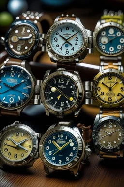 A collection of submarine watches, featuring various designs, colors, and features for enthusiasts and collectors.