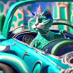 : A crazy cat driving a convertible sports car, inspired by the whimsical paintings of René Magritte, with a muted blue and green palette, where the car is in focus and the surroundings are blurred into abstract shapes, framed with an intricate lace pattern. Modifiers: sharp focus illustration photorealistic dynamic lighting 4K 3D colourful hdr very cute cinematic postprocessing Alphonse Mucha Tim Burton salvator dali Dr Seuss Craig Rutkowski