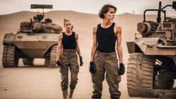 beautiful anorexic caucasian female technician, black tank top, well toned muscles, weathered face, scratched sand camo metal details, short brunette wavy bob haircut, dystopian, desert scene, using a handheld sensor