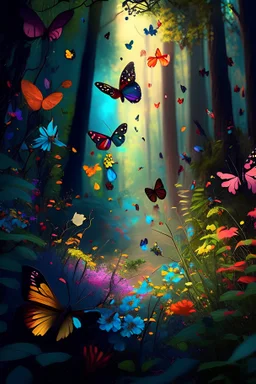 forest with flowers and many colourful butterflies and fireflys