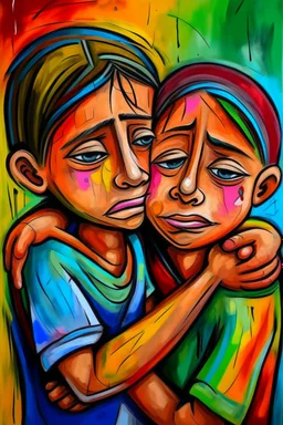 a girl hug her brother and both crying sadly, expressionism, Pixar style, in abstract art Basquiat, Picasso, Miro, Kandinsky, Klee, Birell, Fairey, Ardon, Buffet and Picasso style, HD --s 750 --v 5.1 --style raw, water color