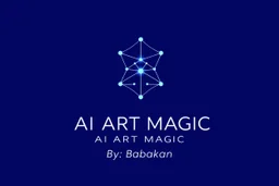 A professional, minimalist logo for a brand called “AI ART MAGIC”. The icon is an abstract, glowing, interconnected node-mesh structure forming a subtle spark of magic. Elegant, clean lines. Below the icon, the text “AI ART MAGIC” is in a modern sans-serif font, with “By: Babakan” written in a smaller, sophisticated font underneath. Color palette: Deep electric blue, neon purple, and crisp white. Vector style, high quality, solid background, professional graphic design.