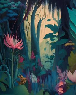 A mystic forest in the style of Georgia O'Keeffe, with colossal, vividly-colored flowers and plants, serving as a sanctuary for unique and ethereal wildlife.