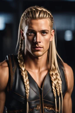 photorealistic hyperdetailed portait of 28-year-old german male, with long blonde braided and undercut hair, tribal and neatly trimmed beard, modern clothing