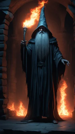 Busch painting style nightmare, a wizard standing in a 3d rendering full-height image of a grim and dark scene. Ensure the final images exhibit the utmost quality, with the play of a torch-lit dungeon encompassing 4K, 8K, and 64K resolutions, with 3D rendering that manifests in photorealistic, hyperrealistic, and highly detailed representations. Employ techniques such as HDR, UHD,