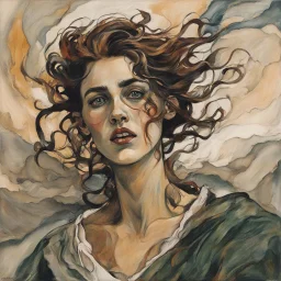 Painting of a mythical Celtic Banshee girl, in the Expressionist style of Egon Schiele, Oskar Kokoschka, and Franz Marc, in muted natural colors