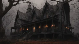 A gothic woodland house with a coven of witches dancing.