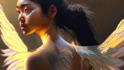 beautyfull asiatic woman, art by kiera malone , concept art modern photorealistic, in the style of , Artstation, sunlight, Unreal Engine sharp fine details trending on artstation reflections 4k ultra realistic post-processing A detailed illustration of a beautiful young female human with growing out of her back. Her skin, hair and face are all made of paint. Her wings are spread. Front view. Highly detailed flawless facial features and eyes. Abstract Oil painting splash art. White ba