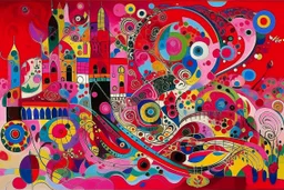 A magenta palace with swirls painted by Wassily Kandinsky