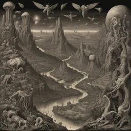 Anti-Telos expansive Bogomil landscape, essence of dark angels., Haeckel creatures crawl, by Aurelio Monge, Otto Rapp, Max Ernst, Hieronymus Bosch, liquid matte paint, tenebrism, meander art.