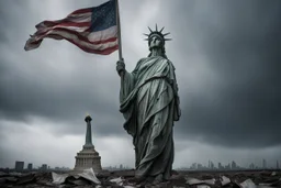 the statue of liberty, dress dirty and torn, her face solemn and terse, trash littered at her feet, she holds a crumpled american flag, she walks away with back turned under a dark and dreary sky, wide angle