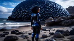 A woman in a catsuit standing on a beach of a rocky crystal-covered landscape with a crashed spaceship in the distance