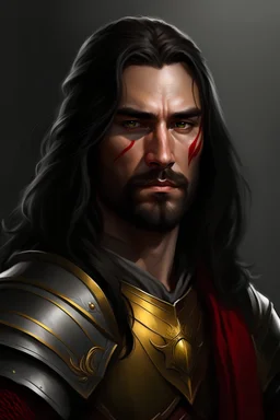 portrait of a handsome 35 year old warrior, looking like kahl drogo, long dark hair in a queue, powerful, in armor, red, yellow eyes