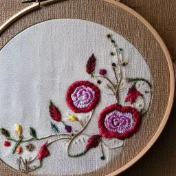 exquisite whimsical in embroidery hoop, intricate, highly detailed, linen and wood backdrop