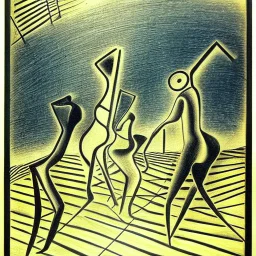 drawn in single line by Nicolai Blatter with hatch with parallel wavy lines metal engraving with african man dance procession in salvador dali style or picasso style