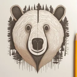 M shaped bear head combined with woods silhouette in backround, letterpress style, minimalistic pencil art