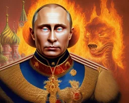 evil Russia president satan fangs Vladimir Putin, Moscow in fire