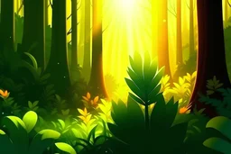 glowing plant in the middle of the forest, sunlit background cartoon