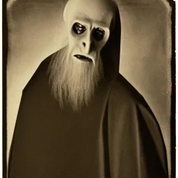 Russian Orthodox nosferatu vampire with a long beard made of flesh with long arms and fingers and a robe made a human faces