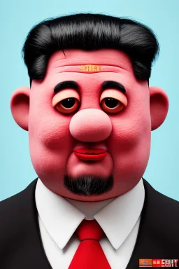 Waist up muppet Portrait, Kim Jong-un muppet doll, black suit, photo studio, red background, unreal engine 5, concept art, art station, god lights, ray tracing, RTX, lumen lighting, ultra detail, volumetric lighting, 3d.