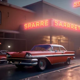 Ultra Realistic retro sci-fi afire Supermarket parking scene, 1960 year, blonde woman, sweet scarlet Johansson face, perfect iris, glow eyes, face makeup, tight latex coat; many panic people looking, Retro sci-fi style, soft color, highly detailed, unreal engine 5, ray tracing, RTX, lumen lighting, ultra detail, volumetric lighting, 3d, finely drawn, high definition, high resolution.