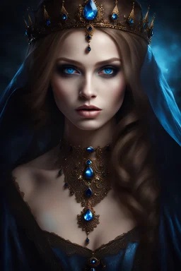 painted portrait of a young gothic queen with light brown hair and blue eyes, very beautiful, dark fantasy