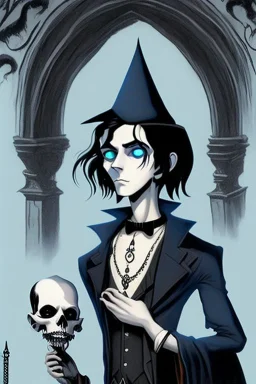 black haired blue eyed young man necromancer wizard with gothic jewelry in the style of charles addams