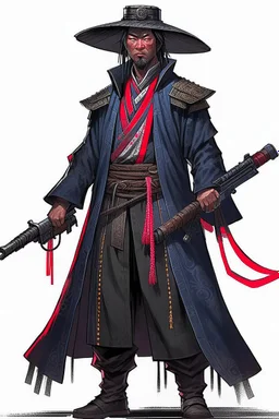 Gunslinger samurai, wearing a duster coat and mempo, with s cybernetic right arm