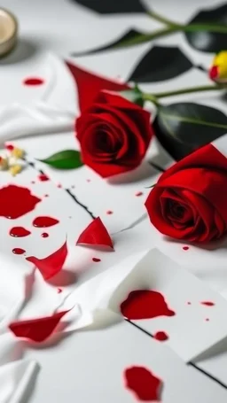 blonde hair strands cuts . white fabric background. measuring tape .drops of blood.red rose. red envlope .cinematic