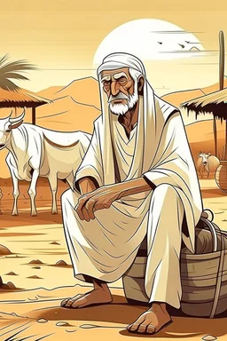 Old man, Arab, turban, white clothes, cattle, desert, council, sun, palm trees, mud houses, holding a stick, looking forward, a very slight smile.cartoon,Sitting on a chair,long beard