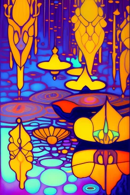 Ghostly Lanterns floating on water, abstract and surreal landscape, ethereal feel, reflection in water, serene and peaceful with deep colors, striking pallet, richly colorful, masterpiece, museum quality, professional, fine art, detailed, split-complementary colors , Alphonse Mucha, Gustav Klimt, art nouveau, maximalist, ,