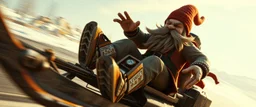 close up on gnome troll hit man with rocket boots in suit on a mech sled doing jumping stunt in winter wasteland, style of fallout 4, high speed with motion blur, on elevated road, beard blown into his face