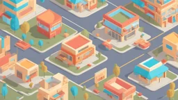 illustration of 100 miniature restaurants and 100 miniature houses on the road city per block. vector isometric 3d style. HD.