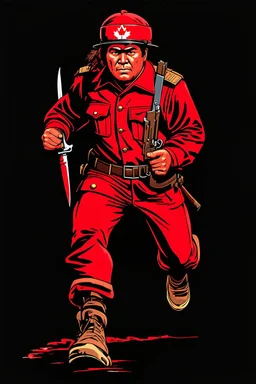 indigenous canadian soldier(uniform and face based on racist steriotypes) running towards viewer, a knife i one hand, and a gun(barrel pointing at viewer) in the other. blocky retro 1960's jack kirby style poster in monochrome with white background