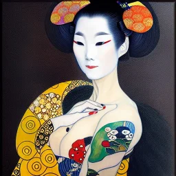 dibujo al oleo de cuerpo entero de una Geisha bella con tatuajes estilo Gustav Klimt